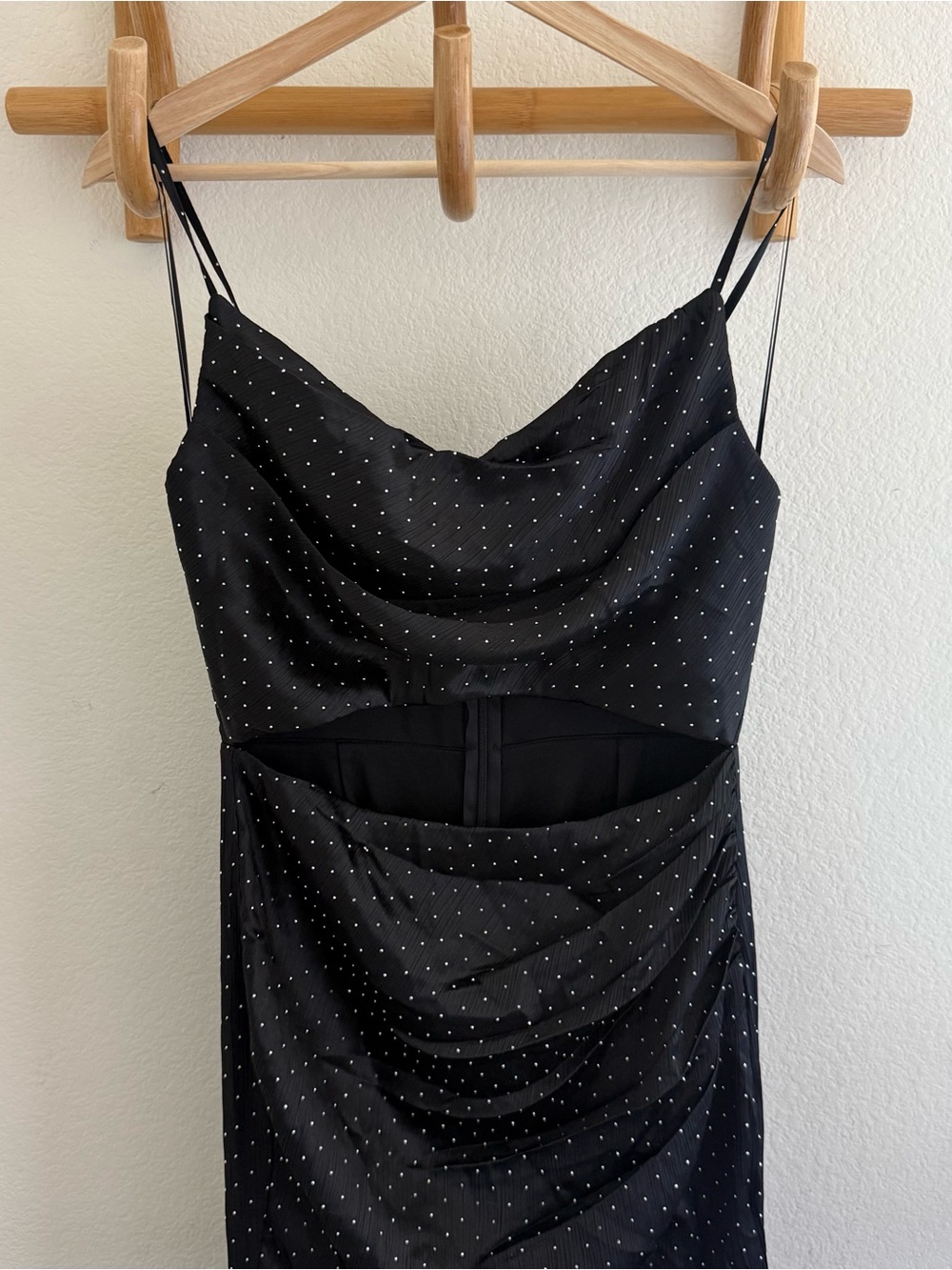 MANIJU evening 90s black crystal gown maxi dress cowl neckline ruched cutout